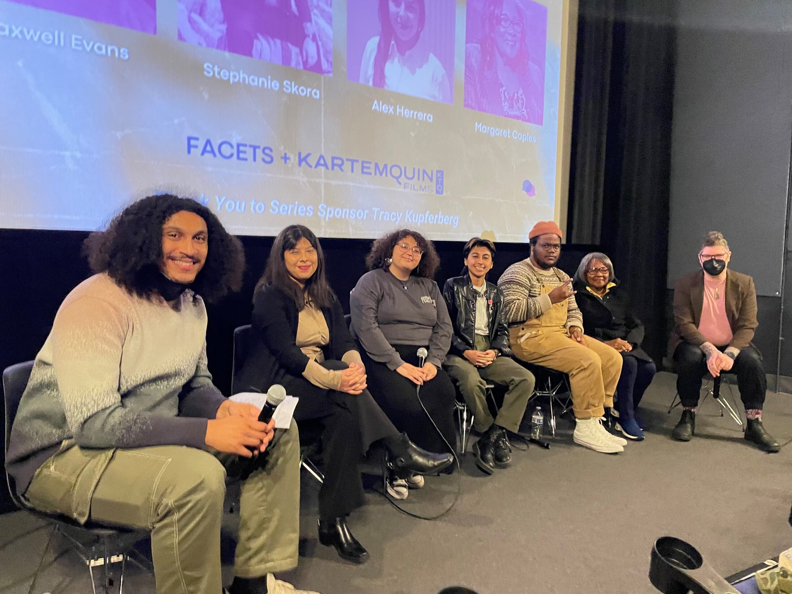 A panel of filmmakers sits in front of a screen that reads "FACETS + Kartemquin."